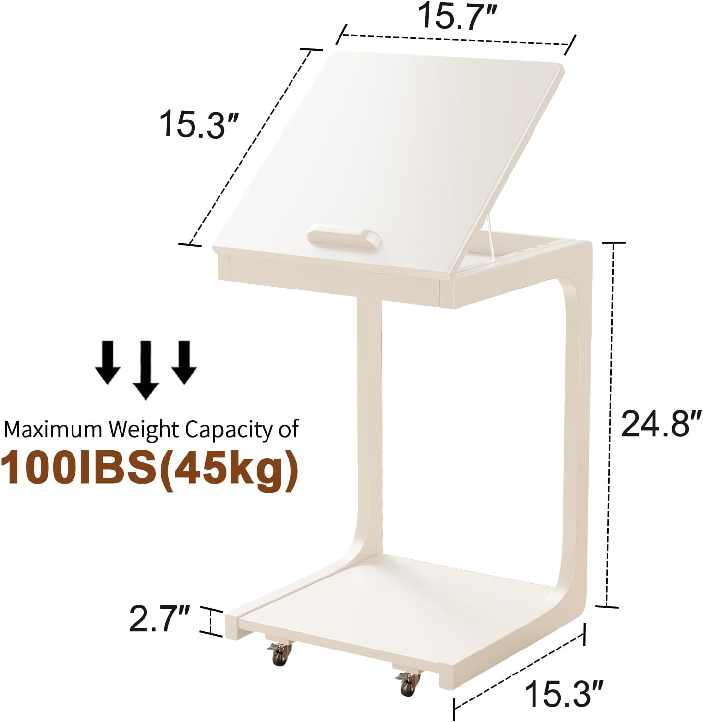 Adjustable C-Shaped End Table with Wheels – Wooden Side Table for Couch or Bed