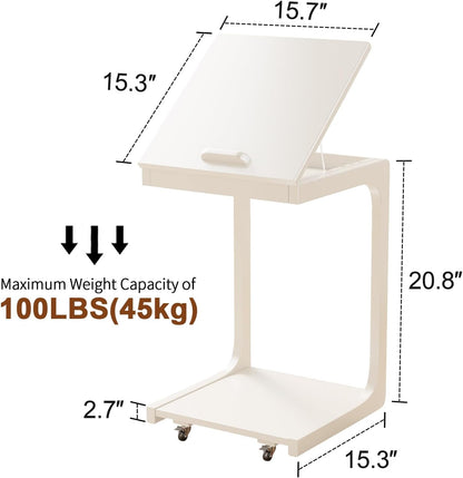 Adjustable C-Shaped End Table with Wheels – Wooden Side Table for Couch or Bed