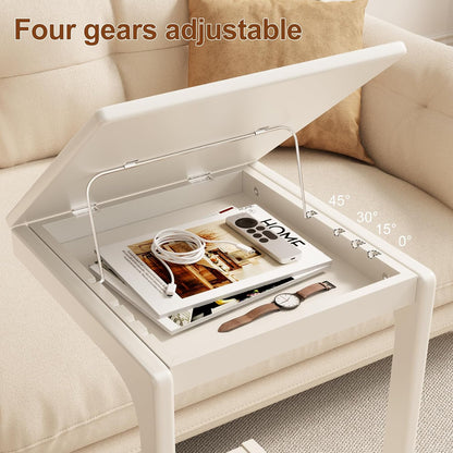 Adjustable C-Shaped End Table with Wheels – Wooden Side Table for Couch or Bed