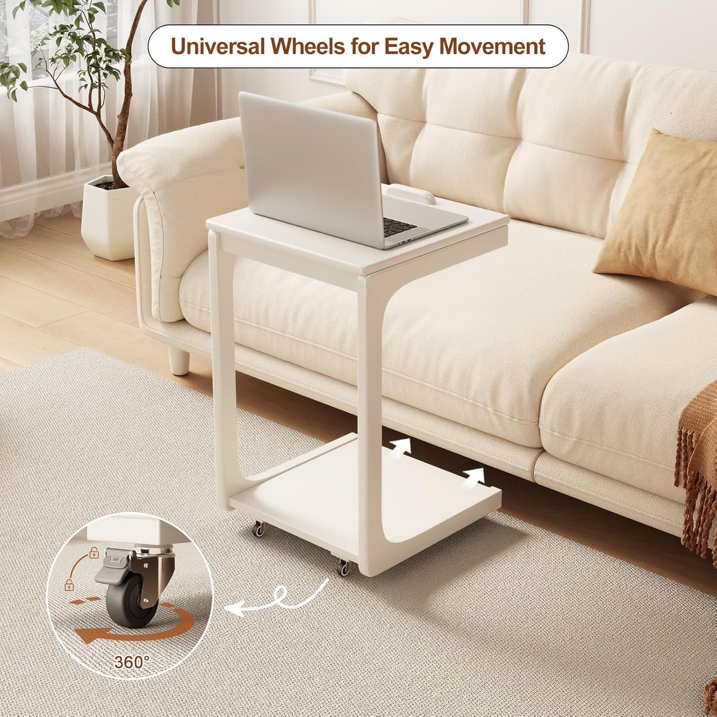 Adjustable C-Shaped End Table with Wheels – Wooden Side Table for Couch or Bed