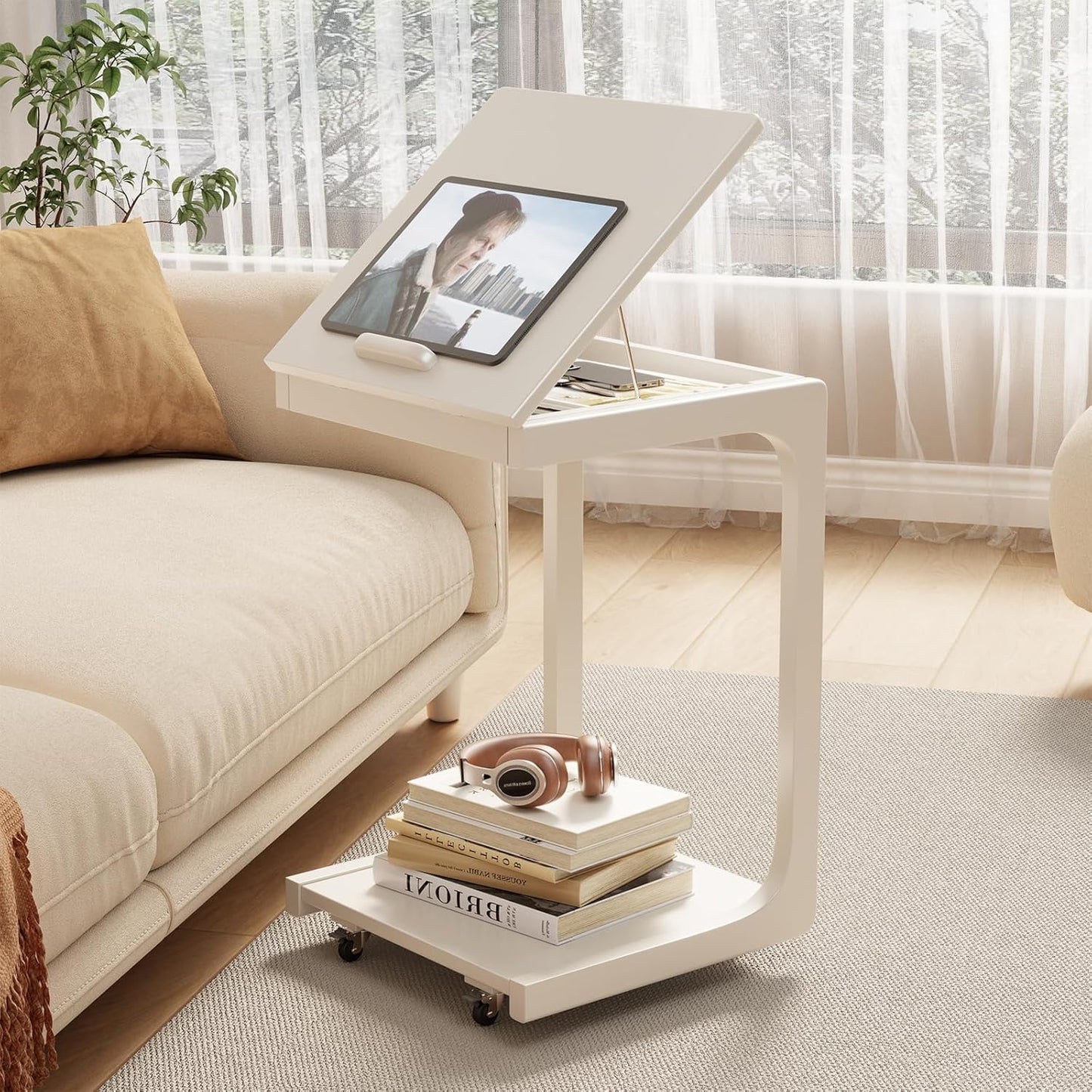 Adjustable C-Shaped End Table with Wheels – Wooden Side Table for Couch or Bed